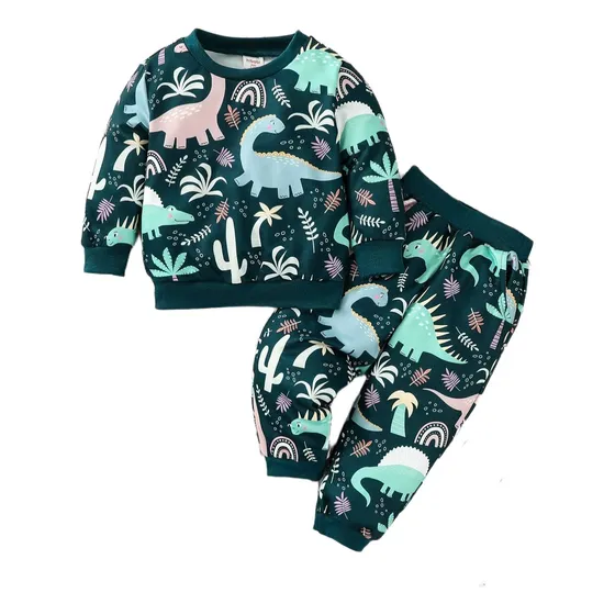 Conjunto De Sudadera Niños 1-5a Con Estampado De Dinosaurio Verde Oscuro 12-18 Meses