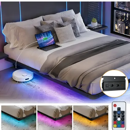 Estrutura De Cama De Metal Flutuante Casal C/tomada+rgb Led Preto Hot Wheels