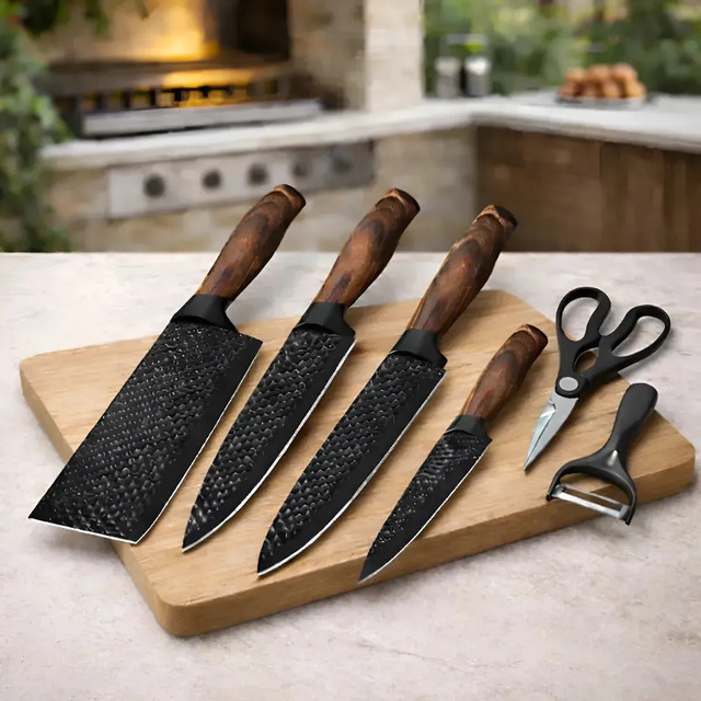 Jogo De Facas Kit 6 Peças Preto Conjunto Churrasco Cabo Em Madeira Premium Corte Preciso A...