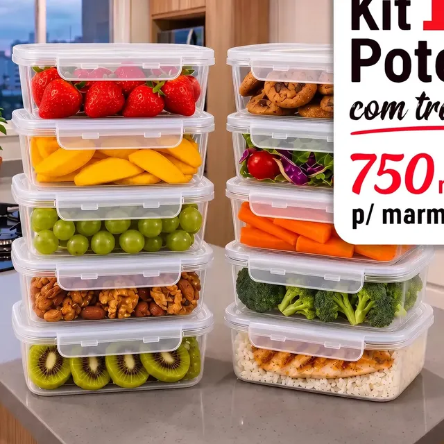 Kit 10 Potes 750ml com Tampa Trava Plástico Transparente para Mantimentos e Alimentos Marmita Organizador de Cozinha Geladeira e Freezer Jogo de Potes para Organização Ponte Lar Utilidades