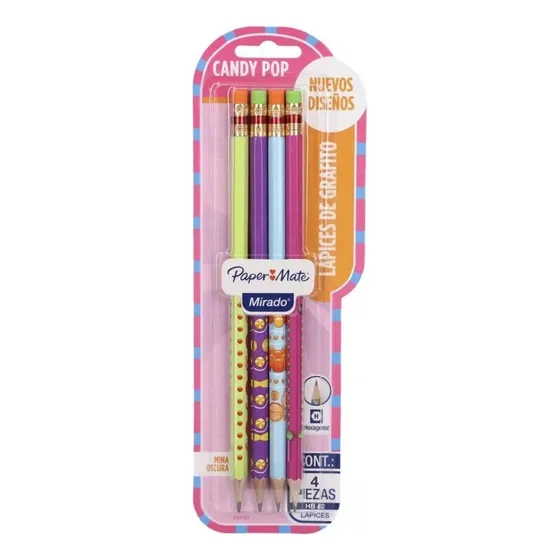 Lapiz Negro Grafito Paper Mate Mirado Candy Pop X4 Con Goma