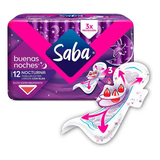 Toallas Sanitarias Saba Buena Noche Larga  Con 12 Piezas