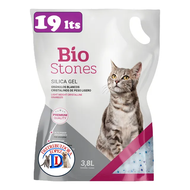 Arena sanitaria para gato bio stone en pack x 5 unidades x 8kg de peso neto y 1.6kg de peso por unidad