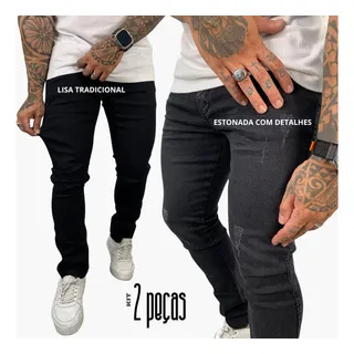 Kit 2 Calças Jeans Skinny Slim Tradicional Masculina Lycra Kit 2 Calças Jeans Skinny Slim Tradicional Masculina Lycra