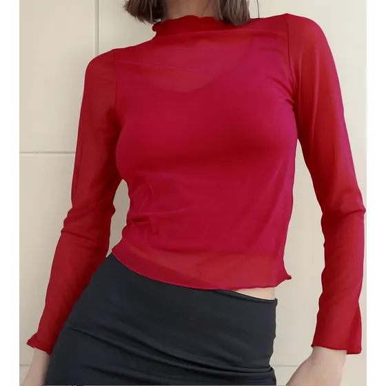 Crop Top Mujer Microtul Corto Sexy Manga Larga Transparente