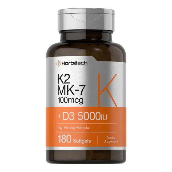 Suplemento Horbäach De Vitamina D3 K2, 5000 Ui, 180 Cápsulas