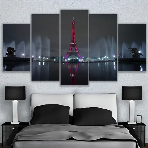 5 Cuadros Canvas Torre Eiffel Roja Noche Paris  Artistico