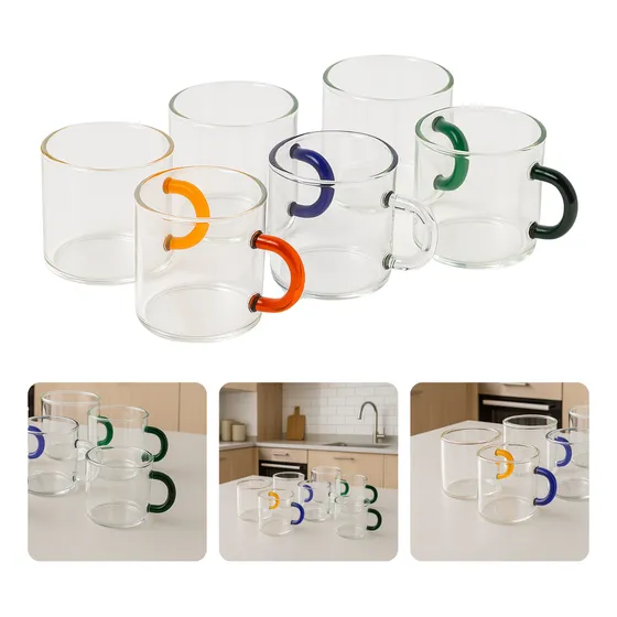 Kit 6 Xícaras Café Chá Alça Colorida 80ml Vidro Borosilicato