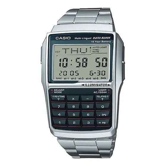 Reloj pulsera digital Casio DBC-32 con correa de acero inoxidable color plateado - fondo azul - bisel plata