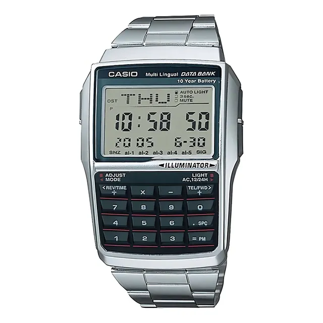 Reloj pulsera digital Casio DBC-32 con correa de acero inoxidable color plateado - fondo azul - bisel plata