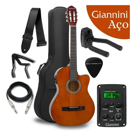 Kit Violão Eletroacústico Giannini Start SF-14 Aço Natural para Destro com Acessórios