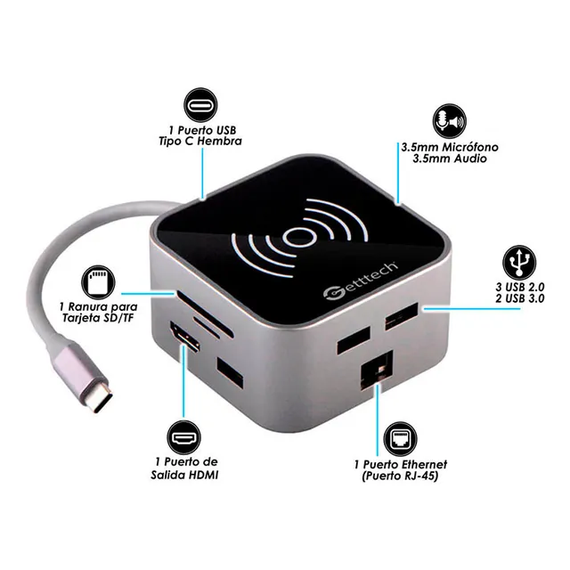 Docking Station 10 En 1 Getttech Usb-c, 2x Usb 3.0, 3x Usb 2.0, 1x Hdmi/3.5mm/, Carga Inalambrica, Ethernet, Lector De Tarjetas Sd Tf, Compatible Con Windows/mac Os, Ghw-69401