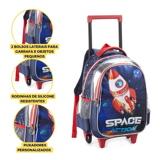 Mochila Infantil Menino Rodinha Azul Foguete Reforçada