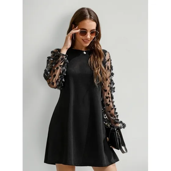 Vestido Corto Negro Shein Con Mangas Largas Y Mariposa 3d