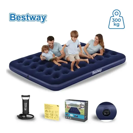 Colchão Camping Casal Inflável 300kg + Bomba De Ar Bestway Cor Azul