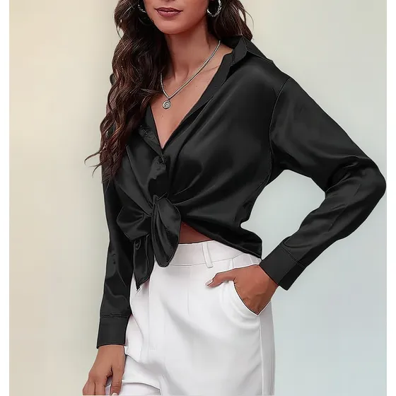 Blusa Elegante Manga Larga En Satín Con Cuello Tipo Camisa