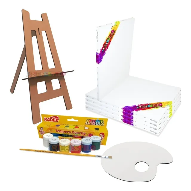 Kit 6 Telas Pintura + Mini Cavalete +tintas +pincel + Paleta