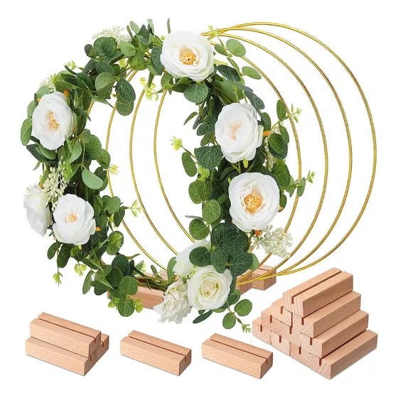 15 Centros De Mesa Aros Florales De Metal Con Base De Madera Color Dorado
