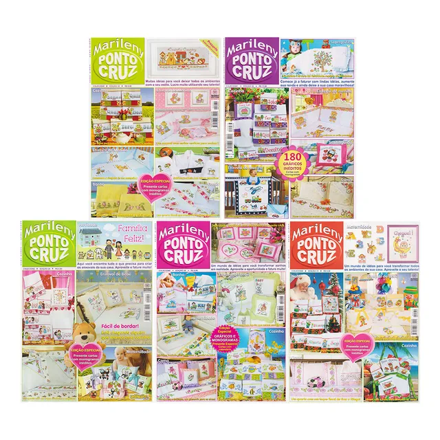 Kit 5 Revista Bordado Ponto Cruz Com Gráficos E Monogramas