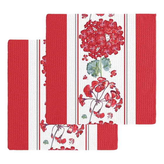 Toalla Cocina Algodon Tejido Gofr Flor Roja Absorbente Para