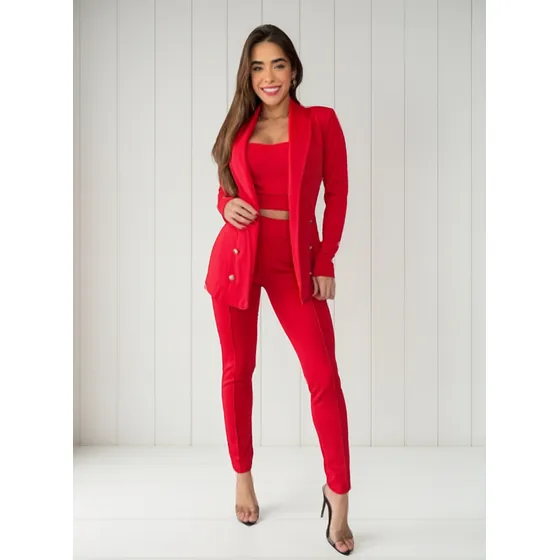 Conjunto Feminino Max Blazer Longo Botões Cropped E Calça
