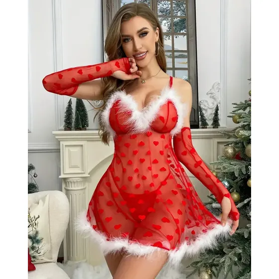 Pijama De Lencería Navideña Sexy De Corazón Transparente