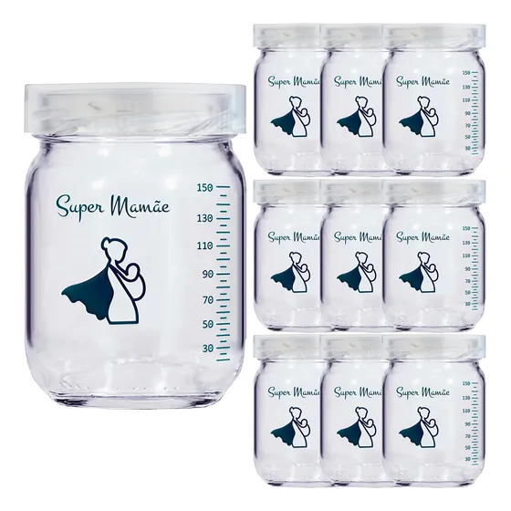 Pote Para Leite Materno De Vidro 150ml Super Mamãe 10 Unids