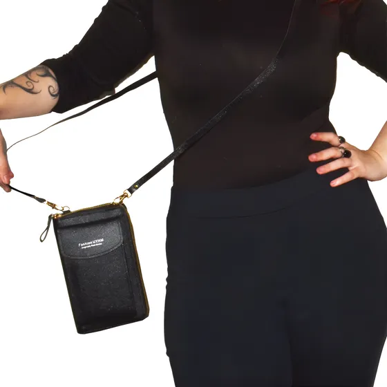 Cartera Bandolera Portacelular Tresher En Ecocuero Negro Lisa Dorado Negro