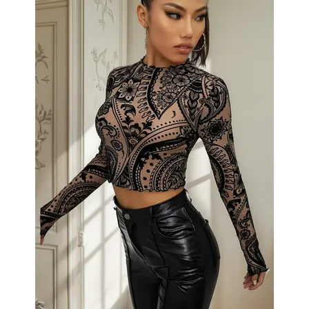 Crop Top Manga Larga Transparente Blusa Mujer Dama