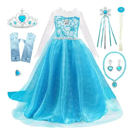Disfraz Vestido Princesa Elsa Frozen Para Niñas+guantes+collar+trenzas