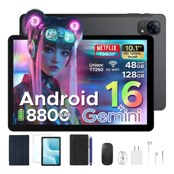Tablet Aorlym P10 Pro Android 16 Tableta 48+128gb Rom/2tb TF 120Hz 5g WiFi Gemini AI Economicas 10'' T7250 Octa-Core 8800mAh Face ID OTG Tablets con Teclado y Lapiz,Negro