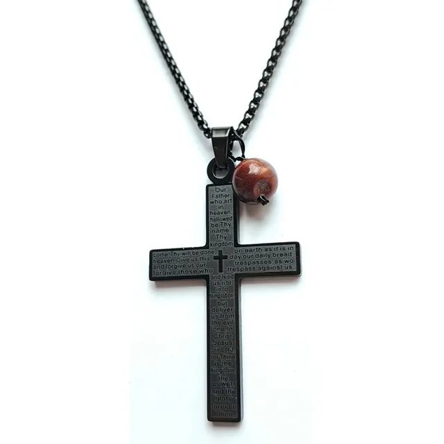 Cadena Acero Negro Crucifijo + Ojo De Tigre O Cuarzo Fe Papá