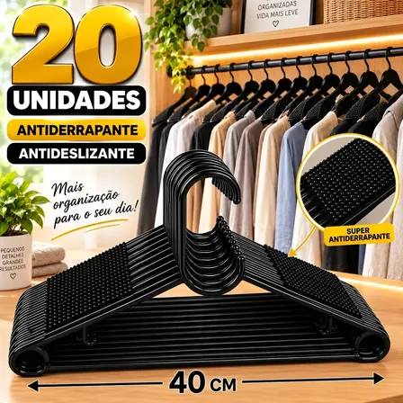 Cabides Adulto Antideslizante 20 Organizadores Guarda Roupas Preto