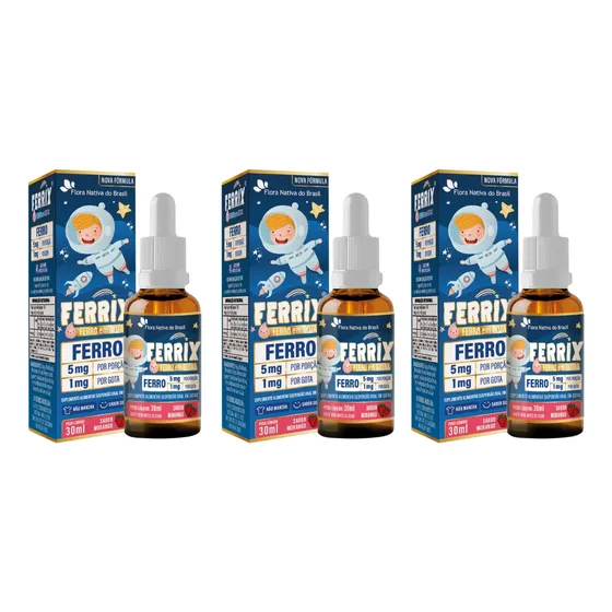 Kit Com 3 Ferrix Suplemento De Ferro Em Gotas Kids 30ml Fnb