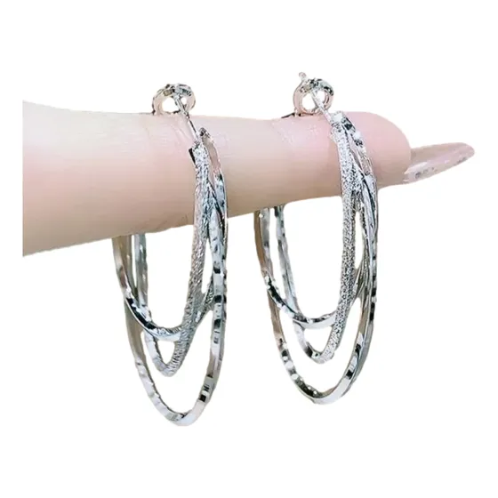 Aretes Arracadas De Aro Para Mujer Pendientes Grandes Plateados Chapados En Oro Blanco De 18k Colgantes Redondo Triple Arete Con Texturizado Regalo Dama
