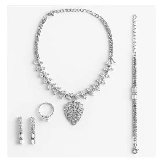 Conjunto Colar Brincos Pulseira Anel Festa Dourado C/ Strass