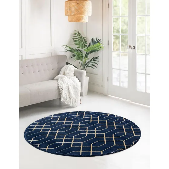 Alfombra De Área Redonda Enrejada 100 Cm Azul Marino Dorado