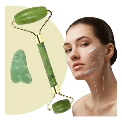 Kit Rodillo Y Piedra Gua Sha Masajeadora De Jade Anti-arruga