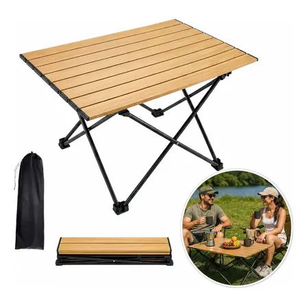 Mesa Dobrável Camping Alumínio Com Bolsa Portátil 30kg Cor Madeira Natural--grande