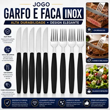Kit Jogo 36 Talheres Garfo E Faca Inox Cabo Plástico