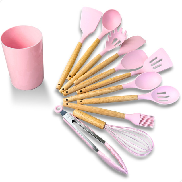 Kit C/12 Utensílios De Cozinha Silicone Cabo Madeira Kit C/12 Utensílios De Cozinha Silicone Cabo Madeira