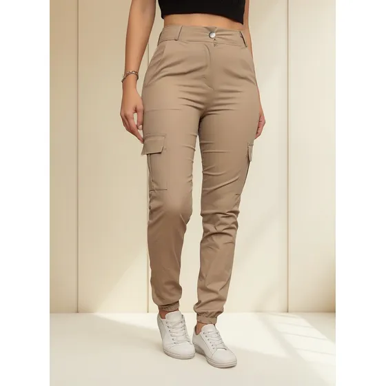 Calça Jogger Cargo Sarja Feminina Com Bolso Modelo Blogueira