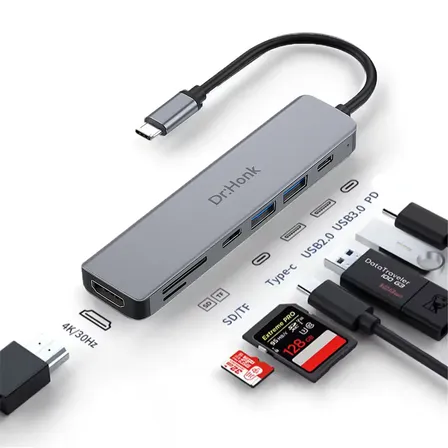 Hub Usb-c 7 Em 1 Dr. Hank Adaptador Macbook Air Pro M1 M2 Hdmi 4k Usb 3.0 Leitor Cartão Compatível Celular Pc Notebook Cinza-escuro
