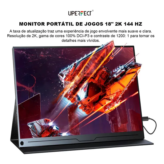 Uperfect J118 Monitor Portátil Ultra Slim Fino Gamer 144 Hz 18 Polegadas 2560 X 1600p Fhd Full Hd Lcd Hdr Áudio Estéreo Vesa Cor Preto
