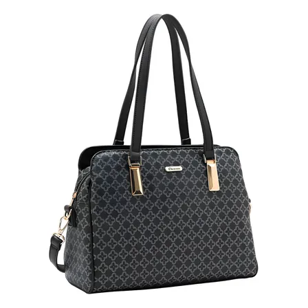 Bolsa Transversal Feminina Grande Divisórias Ombro Mão Chenson Luxo Original Cor Preto Preta Elegante Listrado Ouro