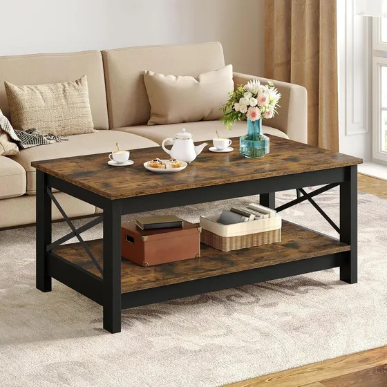 Mesa De Centro Estilo Rústico De 2 Niveles Marrón