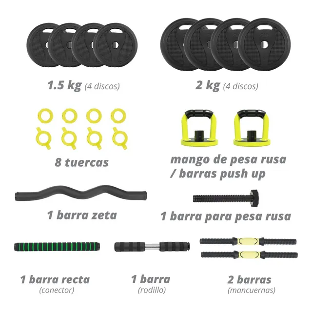 Set De Mancuernas Ajustables Altera Kit Con Pesa Rusa 15kg Color Verde