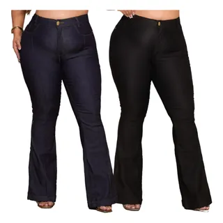 Kit 2 Calça Flare Jeans Cós Alto Levanta Bumbum Boca De Sino Kit 2 Calça Flare Jeans Cós Alto Levanta Bumbum Boca De Sino