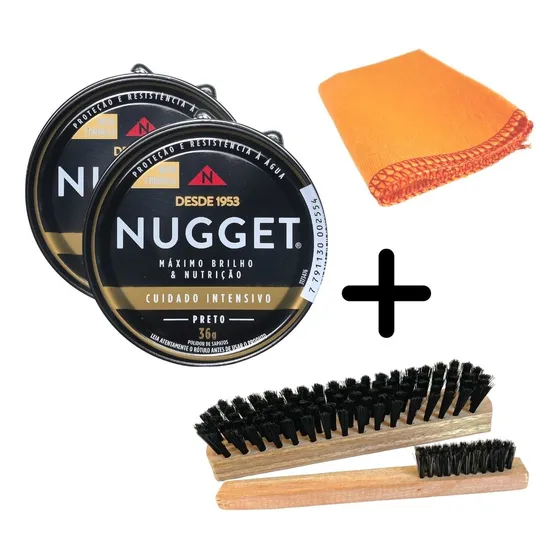 Kit 2 Graxas Nugget Polidor Sapato 2 Escovas 1 Flanela Cera