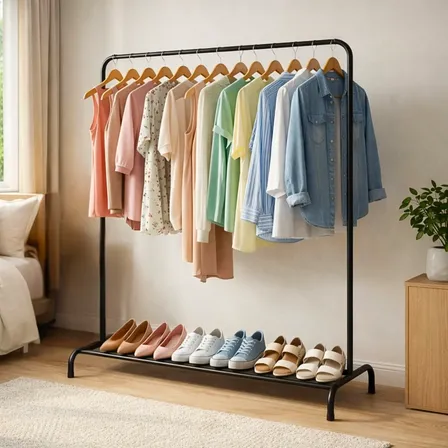 Arara Para Roupas Grande De Metal Resistente Closet Quarto Arara Com Sapateira Preto